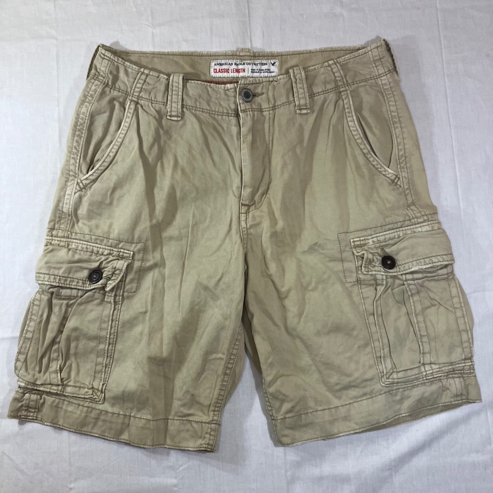 American Eagle Mens 32 Classic Length Cargo Shorts Khaki Tan 100% Cotton Relaxed